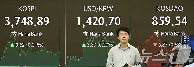 17일 오후 서울 중구 하나은행 딜링룸 전광판에 종가 기준 사상 최고가를 경신한 코스피 지수가 나타나고 있다. 이날 코스피는 전일 종가와 비교해 0.52포인트(p)(0.01%) 상승한 3748.89로 마감했다.  2025.10.17/뉴스1 ⓒ News1 박지혜 기자