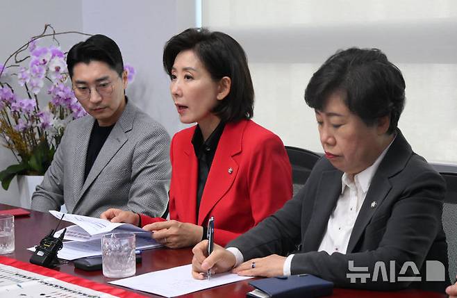 [서울=뉴시스] 김명년 기자 = 나경원 국민의힘 의원이 19일 오후 서울 여의도 국회 의원회관에서 '추미애 방지법·김현지 방지법 관련 기자간담회'를 하고 있다.(공동취재) 2025.10.19. photo@newsis.com