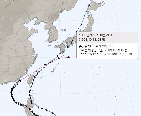 1998년 10월 태풍 '제브' 이동 경로 [기상청 제공]