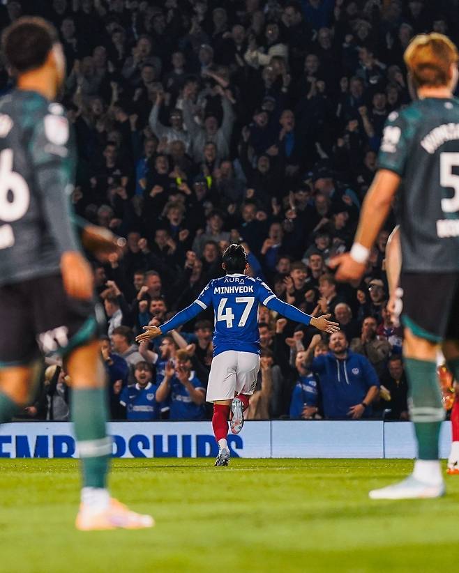 2일 왓퍼드전에서 포츠머스 데뷔골을 터뜨린 후 양민혁. 양민혁 개인 SNS