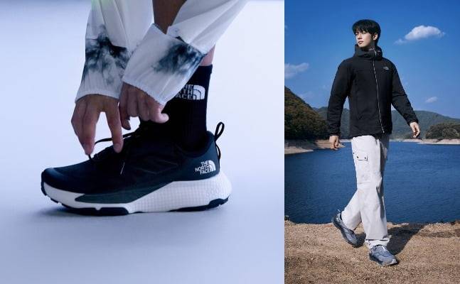 (왼쪽부터) 노스페이스 트레일 러닝화 제품과 브랜드 모델 차은우. 사진=노스페이스 제공