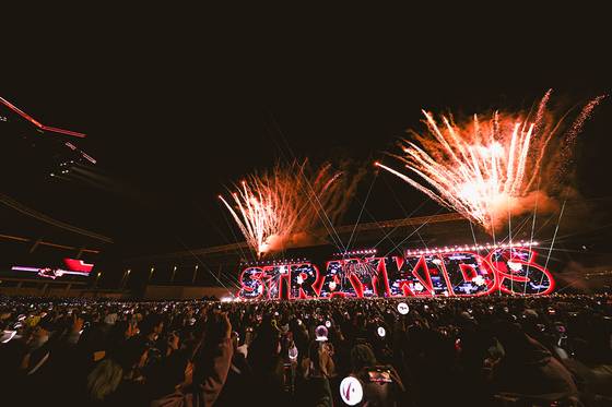 Stray Kids performs during its “dominATE: celebrATE” encore concerts, the finale of its “dominATE” world tour, held on Oct. 18 and 19 at Incheon Asiad Main Stadium. [JYP ENTERTAINMENT]
