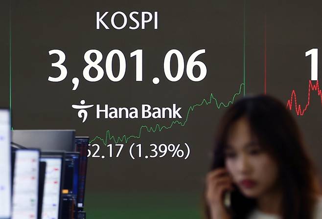 코스피가 장중 사상 최초로 3800선을 돌파한 20일 서울 중구 하나은행 딜링룸 전광판에 코스피 지수가 나오고 있다./사진=뉴스1