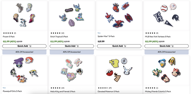 현재 판매 중인 크록스 지비츠들 [크록스 홈페이지]