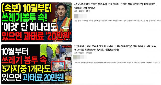 10월부터 분리배출 규정이 강화돼 과태료가 부과됐다는 가짜뉴스를 담은 유튜브 영상. 유튜브 캡처