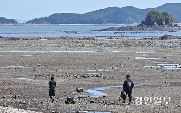 해양경찰관 고(故) 이재석 경사가 해루질을 하던 외지인을 구조하고 숨졌던 인천 옹진군 영흥도 꽃섬(길마도) 일대에 야간 해루질을 제한하는 방안이 추진된다. 사진은 지난 9월 11일 인천시 옹진군 영흥면 해안에서 방문객들이 해루질을 하기 위해 이동하는 모습.  2025.9.11 /조재현기자 jhc@kyeongin.com