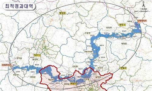 신평창-신원주 송전선로 최적경과대역. /김꽃임 충북도의원 제공