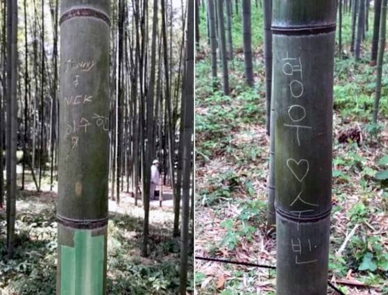 일본 교토 명소 아라시야마 대나무숲 길 한글 낙서. 사진 서경덕 교수 페이스북 캡처