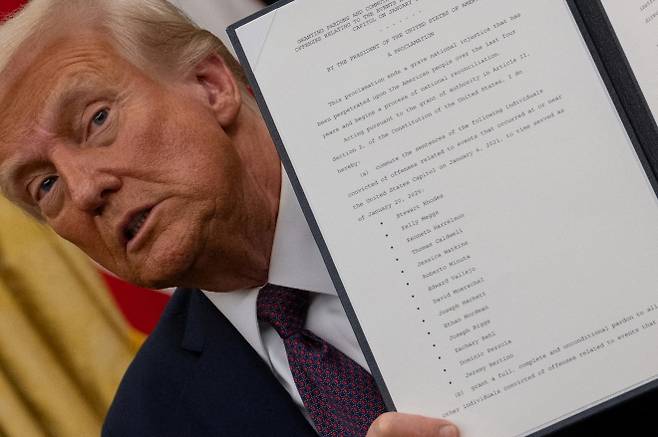 도널드 트럼프 미국 대통령이 2025년 1월 20일(현지시간) 워싱턴 백악관 집무실에서 취임식 직후 1·6 의회 난입 사건 관련 피고인들에 대한 사면 및 행정명령 서류를 들고 있다. 로이터 연합뉴스