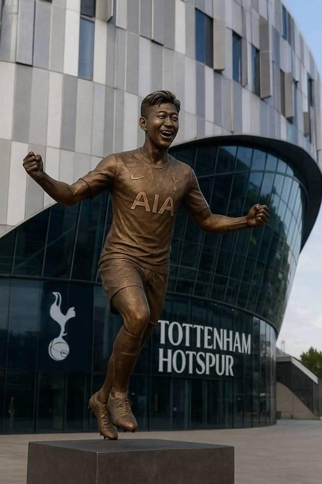 드디어 토트넘이 정책을 바꿔 레전드 동상을 설치하기로 했다. 손흥민 동상을 AI가 제작한 이미지. 사진출처｜토트넘 홋스퍼 팬 커뮤니티 페이스북