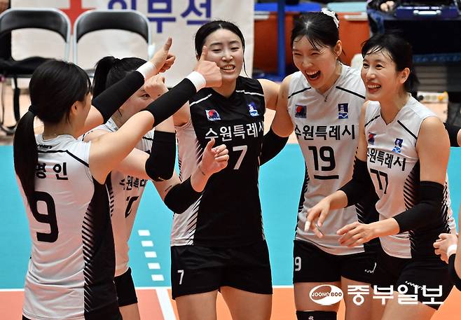 22일 오후 부산교육청학생교육문화회관에서 열린 제106회 전국체육대회 배구 여자일반부 결승 경기에서 수원시청 선수들이 득점에 성공한 뒤 환호하고 있다. 부산=김경민기자