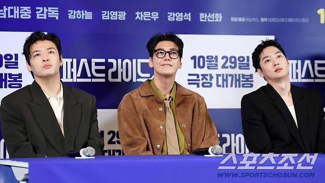 영화 '퍼스트 라이드' 언론배급시사회가 22일 서울 용산구 한강로동 CGV용산아이파크몰에서 열렸다. 배우 강하늘, 김영광, 강영석이 인터뷰를 하고 있다. 용산=박재만 기자 pjm@sportschosun.com/2025.10.22/