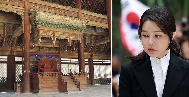 22일 국회 문화체육관광위원에서 열린 국립중앙박물관 등에 대한 국정감사에서 김건희 여사가 휴궁일에 경복궁을 비공식 방문해 국보 223호인 근정전 내부에 들어가 임금이 앉는 어좌에 앉았다는 주장이 제기됐다. /사진=국가유산청 홈페이지·뉴시스