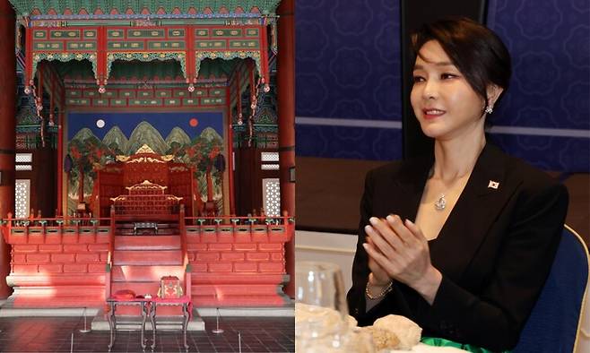 경복궁 근정전의 어좌와 김건희 여사. 연합뉴스