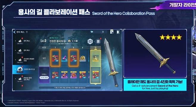 ▲ 콜라보 패스 2종이 선보이며, 무료 보상만으로도 슈타르크와 용사의 검이 제공된다
