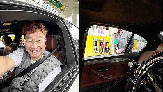 Singer Kang Won-rae shares a photo on Facebook on Oct. 12, saying that while he was once denied assistance at a self-service gas station, staff at a station in Yongin, Gyeonggi, warmly welcome him. A wheelchair is visible behind the driver’s seat, right. [SCREEN CAPTURE]