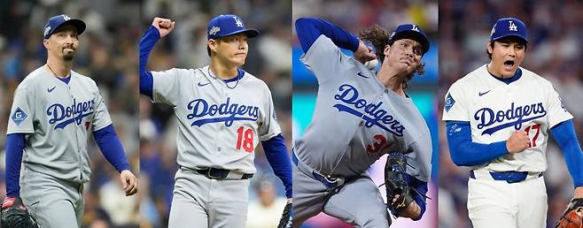 LA 다저스의 선발투수 블레이크 스넬(왼쪽부터)과 야마모토 요시노부, 타일러 글래스노우, 오타니 쇼헤이. AP뉴시스