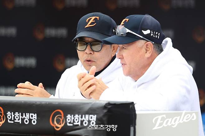한화 김경문 감독(오른쪽)과 양상문 투수코치. 한화 이글스 제공