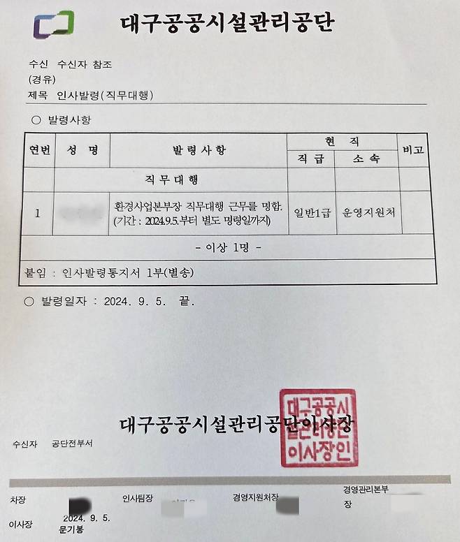 대구공공시설관리공단의 지난해 9월 인사발령 공문. 환경사업본부장이 사퇴한 자리에 선임 부서장인 운영지원처장을 직무대행으로 발령한다는 내용이 명시돼 있다. 독자 제공