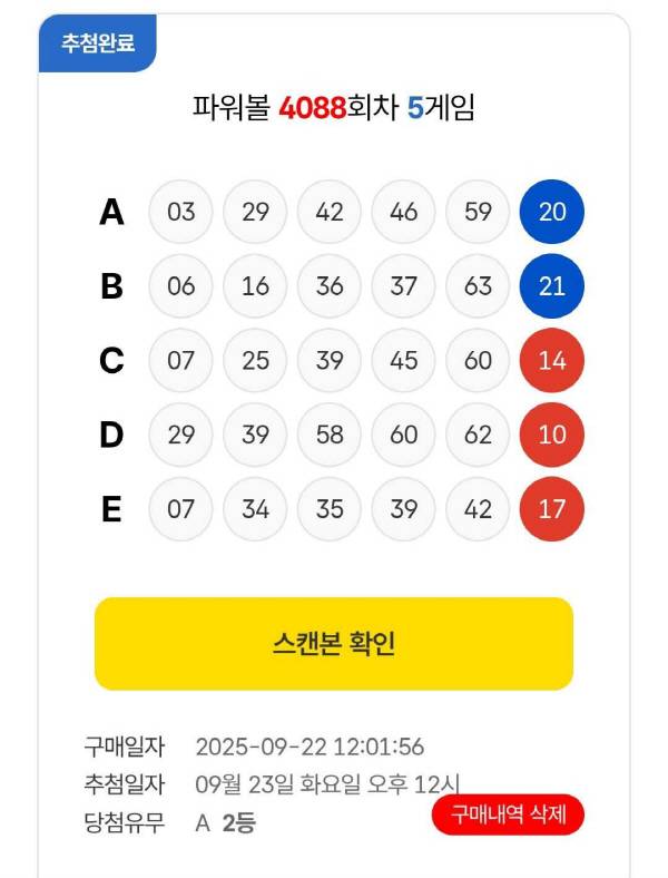 A 씨가 이용하는 해외복권 구매대행 업체 웹사이트 캡처. 미국 ‘파워볼’ 복권 2등 당첨 사실이 적혀 있다. 독자 제공