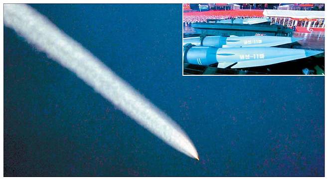 북한이 지난 22일 동북쪽 방향으로 시험발사한 미사일 사진을 23일 공개했다. 전문가들은 해당 미사일을 극초음속 단거리 탄도미사일인 '화성-11마'로 분석하고 있다. 북한은 지난 10일 조선노동당 창건 80년 열병식에서 화성-11마를 재차 공개한 바 있다(작은 사진). 탄두 부분이 일반적인 원뿔형이 아니라 날개 달린 비행체 형태인 글라이더형이다. 조선중앙통신연합뉴스