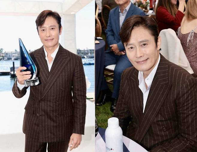 배우 이병헌이 미국 뉴포트비치영화제에서 수상하는 쾌거를 이뤘다. 사진은 이병헌이 미국 뉴포트비치영화제에 참석해 아티스트 오브 디스팅션 상을 수상한 모습. /사진=뉴스1(BH엔터테인먼트 제공)