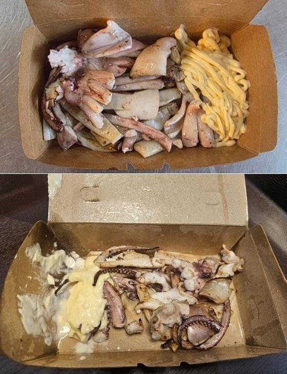 실제 판매되는 철판오징어(윗쪽)와 커뮤니티에 게시된 철판오징어. /사진=온라인 커뮤니티, 뉴스1