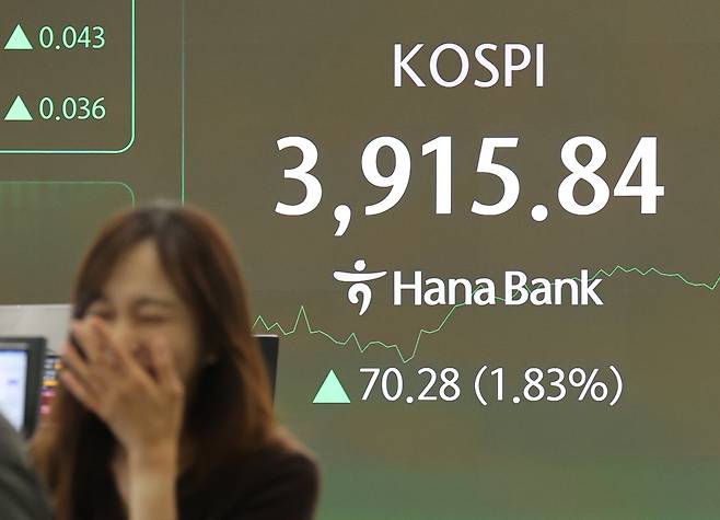 24일 서울 중구 하나은행 본점 딜링룸에서 직원들이 업무를 보고 있다. 이날 코스피는 전장보다 47.67포인트(1.24%) 오른 3,893.23으로 시작, 현재 3,910선을 넘어서고 있다. 연합뉴스