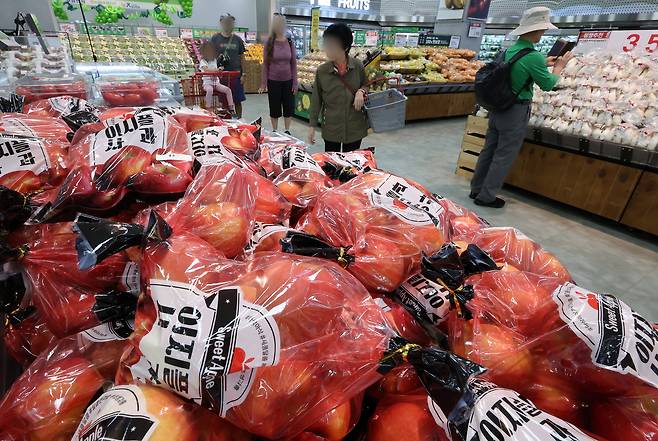 지난 16일 서울의 한 대형마트에서 시민들이 과일을 고르고 있다. [연합]