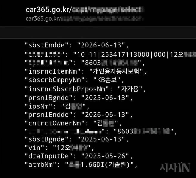 Car365에서 유출된 개인정보 화면. 자동차 번호를 입력하는 것만으로 총 188가지 관련 정보가 추출되었다. 이 중에는 민감 개인 정보인 주민등록번호, 이름, 주소 등이 포함된 것으로 확인되었다(화면 속 정보는 취재기자 소유의 차량을 조회한 결과를 일부 편집). ⓒCar365 캡처