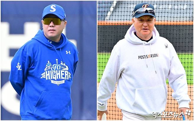 박진만(왼쪽) 삼성 라이온즈 감독과 김경문 한화 이글스 감독이 10월 24일 열리는 2025 KBO 플레이오프 5차전에서 한국시리즈 진출을 놓고 다툰다. 사진 엑스포츠뉴스 DB
