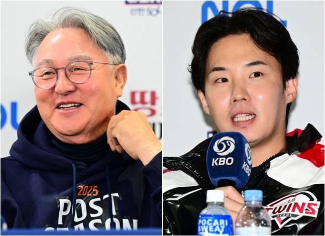 웃고 있는 김경문 감독(왼쪽)과 임찬규. /사진=OSEN