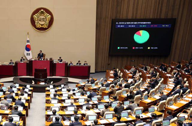 26일 국회 본회의장에서 열린 제429회 국회 제10차 본회의에서 매년 5월 1일을 노동절로 정하는 법안이 통과되고 있다. 뉴시스