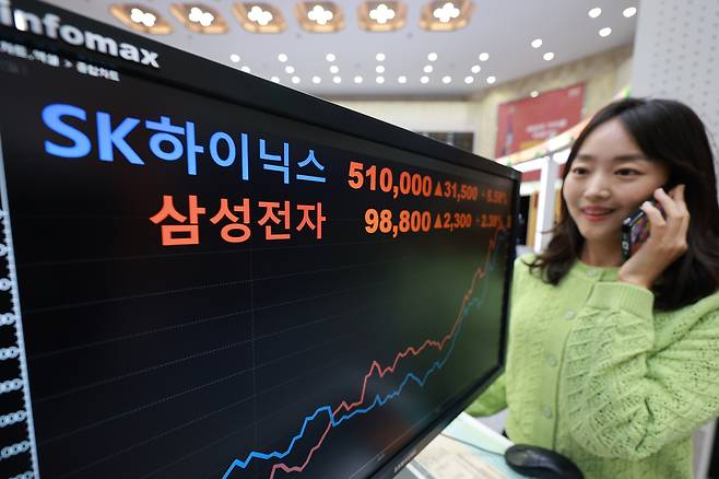 지난 24일 서울 영등포구 여의도동 한국거래소 홍보관에 삼성전자와 SK하이닉스 주가가 표시돼 있다. [연합]