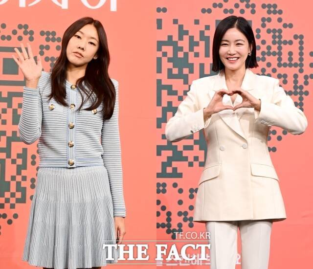 모델 한혜진(왼쪽)과 배우 황우슬혜가 27일 서울 여의도 KBS 본관에서 열린 KBS2 새 예능프로그램 '누난 내게 여자야' 제작발표회에 참석해 포즈를 취하고 있다. /이새롬 기자