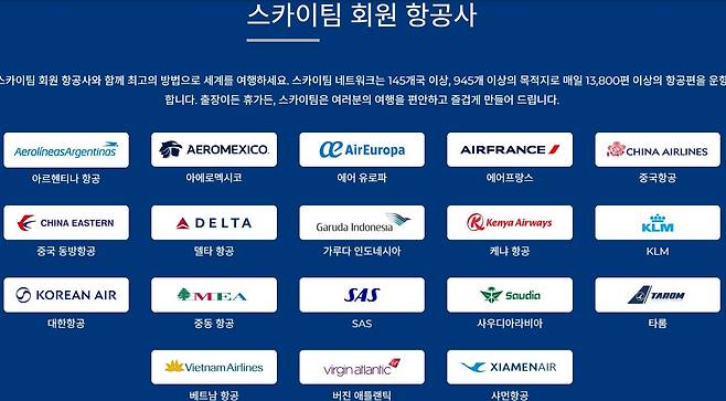 스카이팀 회원사 /스카이팀 홈페이지 캡처