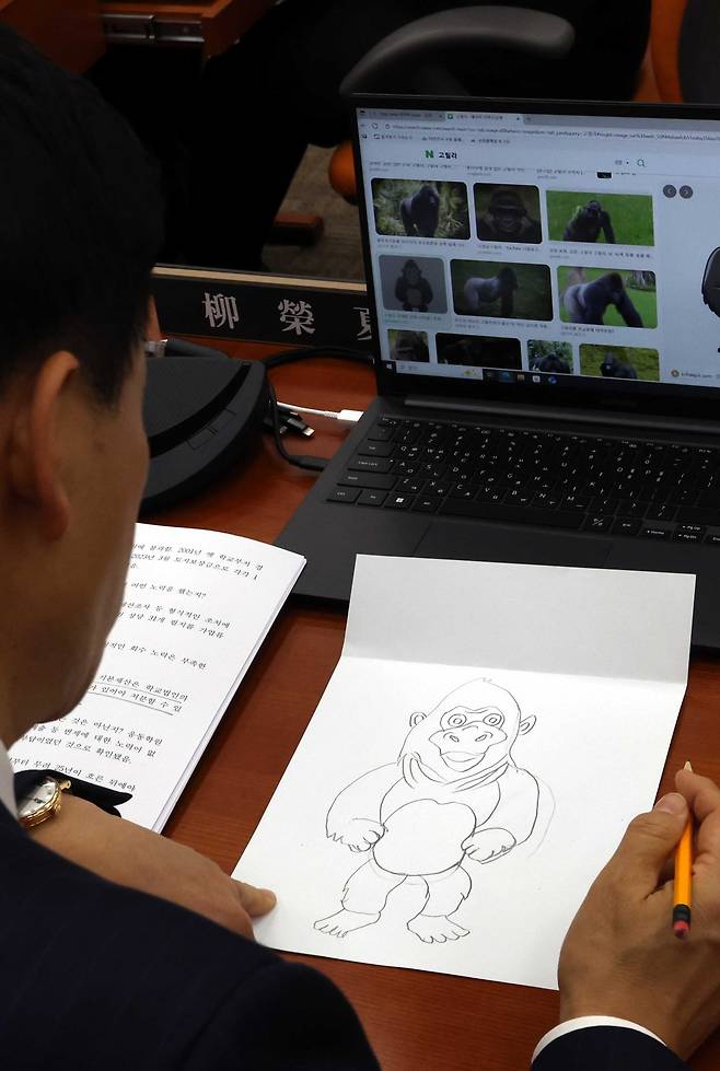 유영하 국민의힘 의원이 27일 오후 서울 여의도 국회 정무위원회에서 열린 국정감사에서 고릴라 그림을 그리고 있다. 2025.10.27. 서울=뉴시스