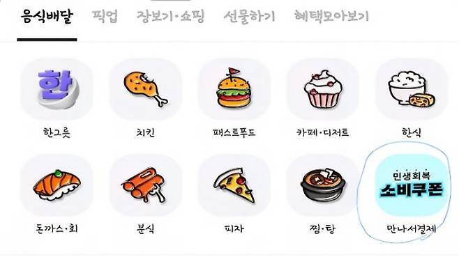 배달앱 '배달의 민족' 기준 우측 하단의 '만나서 결제' 카테고리를 통하여 소비쿠폰을 사용할 수 있다.