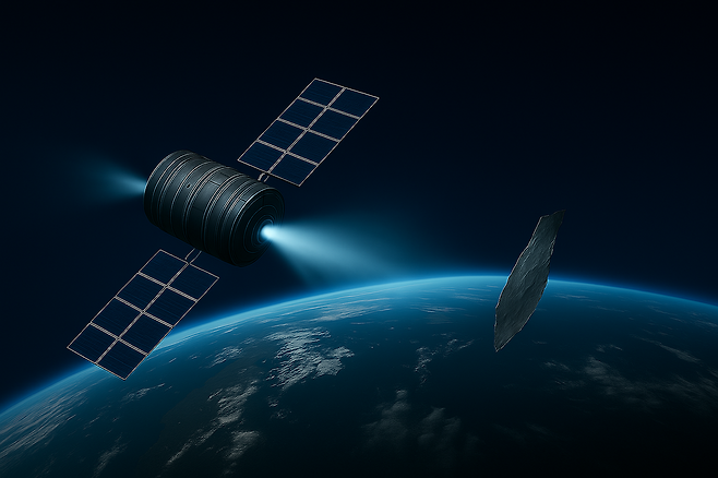 지구 궤도에서 이온 빔을 쏴 우주 쓰레기를 먼 우주로 밀어내는 기술인 ‘알바토르’ 개념도. 오스모스X 제공