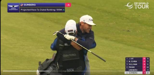 18번 홀 세 번째 샷을 넣은 뒤 환호하는 조던 검버그(오른쪽). DP월드 투어 X 캡처