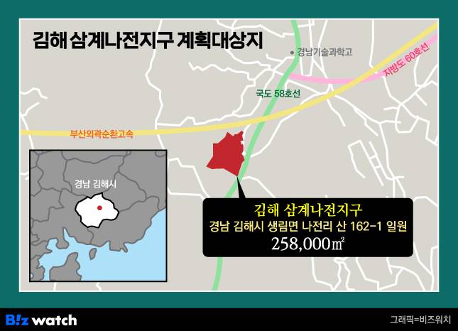 김해 삼계나전지구 도시개발사업은 경남 김해시 생림면 나전리 일원 25만8000㎡(7만8000평) 부지에 약 3000세대 아파트와 기반시설을 조성하는 대규모 주거단지 개발 프로젝트다. 사업주체는 TKG그룹이다. 부동산 개발 전문회사인 TKG디벨롭먼트가 사업부지 중 74.5%를 보유하고 있다.