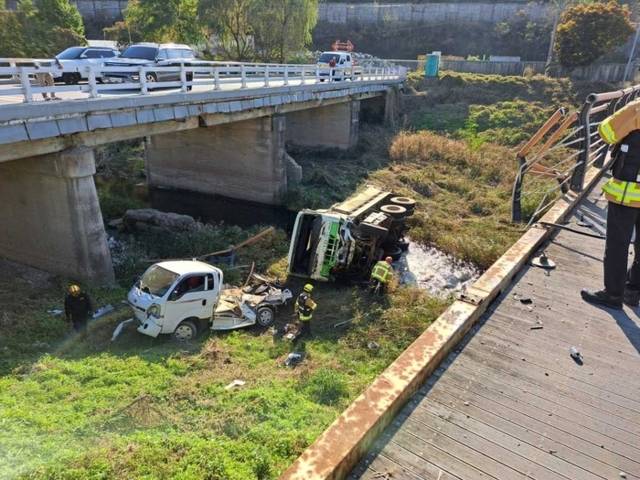 ▲ 28일 오후 2시 24분쯤 홍천군 홍천읍 연봉교에서 15t 화물차가 정차된 1t 화물차를 들이받으며 차량 두 대가 교량 아래로 추락하는 사고가 났다. 강원소방본부 제공