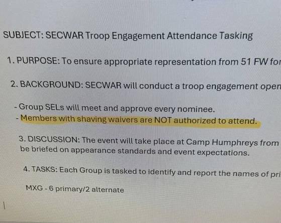 Email outlining beard restrictions for Defense Secretary Pete Hegseth's visit to Osan Air Base, Korea, posted on an unofficial "Air Force "amn/nco/snco" Facebook page [SCREEN CAPTURE]