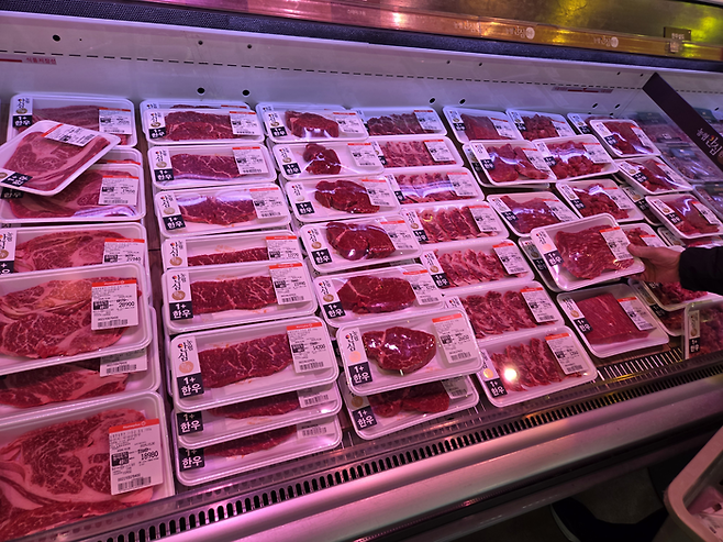 전국 대형마트와 슈퍼마켓, 농축협 하나로마트, 주요 온라인몰 등은 28일부터 다음 달 10일까지 한우를 최대 50% 할인하는 ‘소(牛)프라이즈 2025 대한민국 한우세일’을 진행한다. 이날 오전 서울 홈플러스 영등포점. [김혜진 기자]