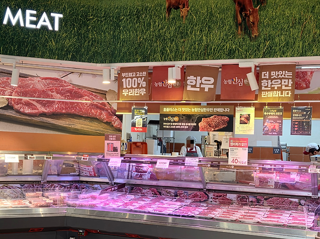 전국 대형마트와 슈퍼마켓, 농축협 하나로마트, 주요 온라인몰 등은 28일부터 다음 달 10일까지 한우를 최대 50% 할인하는 ‘소(牛)프라이즈 2025 대한민국 한우세일’을 진행한다. 이날 오전 서울 홈플러스 합정점. [김혜진 기자]