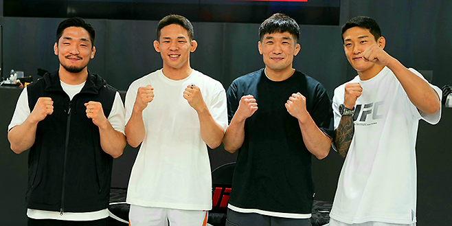 왼쪽부터 2025년 7월 서울특별시 UFC스포츠 성수점 기자회견장에 모인 대한민국 UFC 21호 파이터 유수영, 19호 파이터 박현성, 22호 파이터 이창호, 23호 파이터 유주상. 사진=TKO
