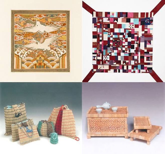 [화성=뉴시스]2025년 화성특례시 공예명장 공예품. 윗줄은 김애경 대표의 쌍학흉배·혼례용보자기 작품, 아랫줄은 김은자 대표의 초경공예 손가방·다기함 작품.(사진=화성시 제공)2025.10.28.photo@newsis.com  *재판매 및 DB 금지