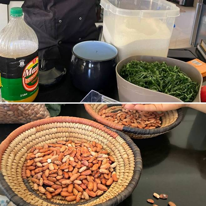 투명 플라스틱 통에 담긴 싸자의 원재료인 옥수숫가루, 잘게 썬 녹색 채소 코보, 왼쪽에 보이는 음료가 바로 마조에 (위) 강낭콩의 일종인 슈가빈 (아래) 2024년 9월 12일 프레다의 쿠킹 클래스에서 필자 촬영 [이은별 제공. 재판매 및 DB 금지