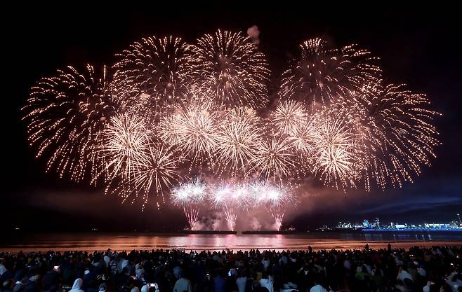 APEC 정상회의 기념 포항 불꽃&드론쇼가 29일 오후 영일대 해수욕장에서 열렸다. 1만 5000여발의 화려한 불꽃이 영일만 밤하늘을 아름답게 수놓고 있다. /이용선기자 photokid@kbmaeil.com