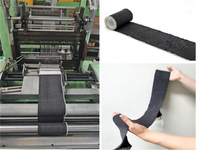 근육옷감을 연속적으로 대량생산하는 자동직조기(왼쪽)와 제작된 근육옷감. 기계연 제공